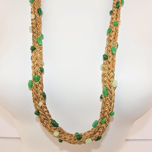UNIQUE Vintage Gold Braided Cording Necklace with Green Peking Glass Beads - Picture 1 of 4